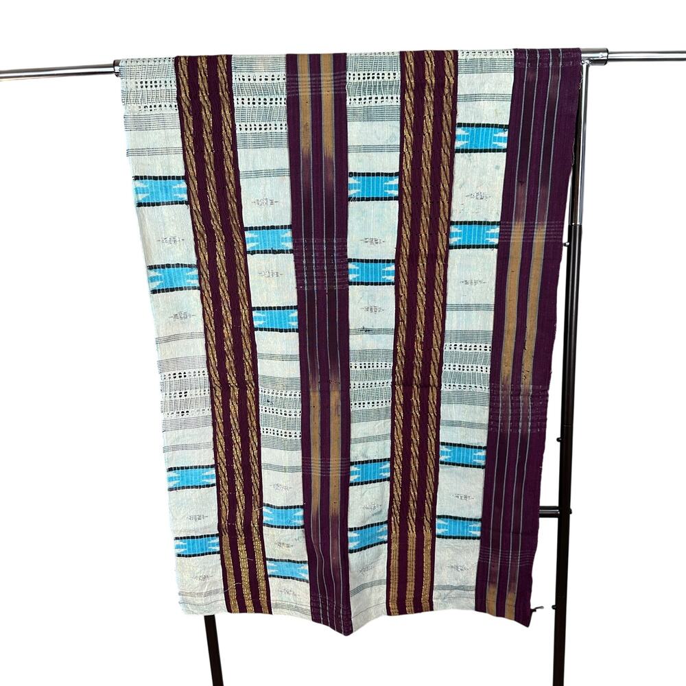 Boho Indie Strip Patchwork Wrap Shawl Maroon Blue Metallic Embroidered Artisan